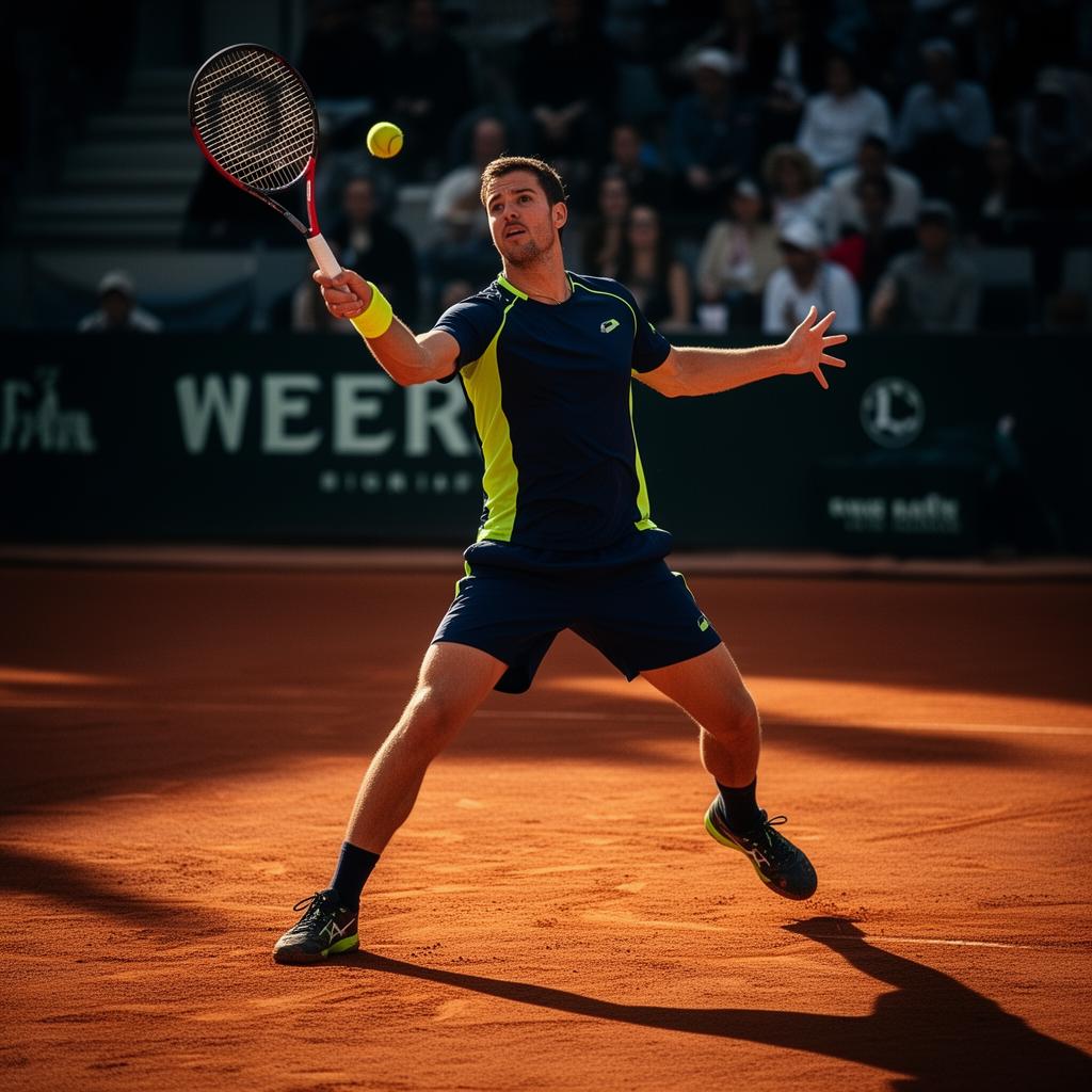 Adult player on a clay court mid-rally