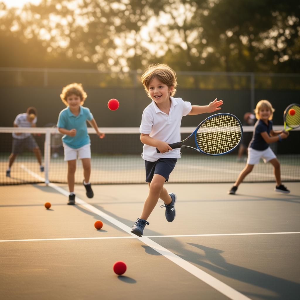 Children training with red and orange tennis balls